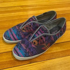 Keds Aztec print slip-on sneakers. Purple/blue/pink. Sz 7